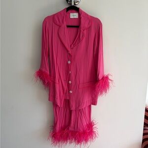 Sleeper Vibrant Pink Feather-Trimmed Pajama Set